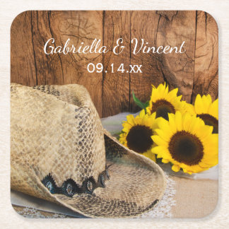 Cowboy Hat, Sunflowers, Barn Wood Western Wedding Square Paper Coaster