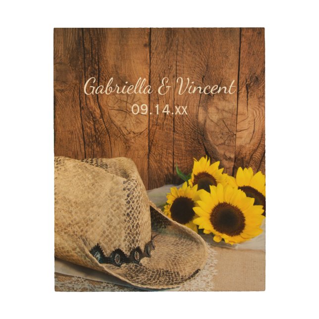 Cowboy Hat, Sunflowers, Barn Wood Western Wedding Wood Wall Decor (Front)