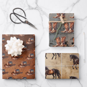 Cowboy Hats Boots Cowhide Wood Leather Wrapping Paper Sheets