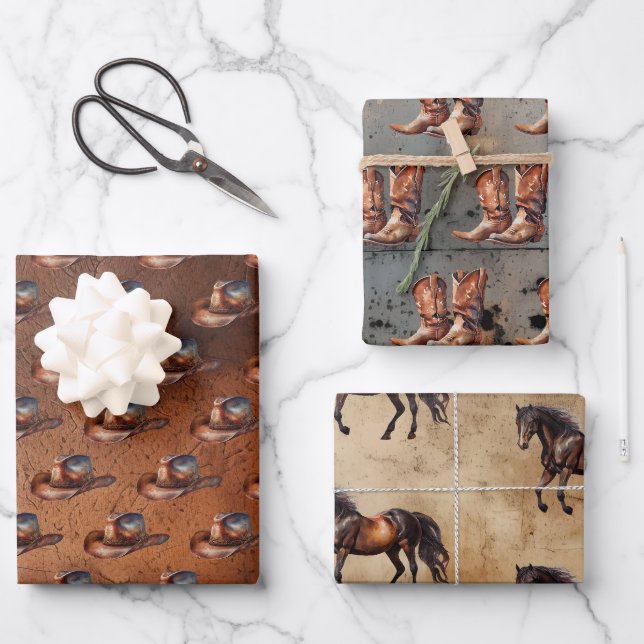 Cowboy Hats Boots Cowhide Wood Leather Wrapping Paper Sheets (Front)