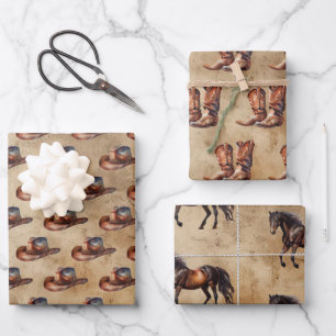 Cowboy Hats Boots Cowhide Wrapping Paper Sheets