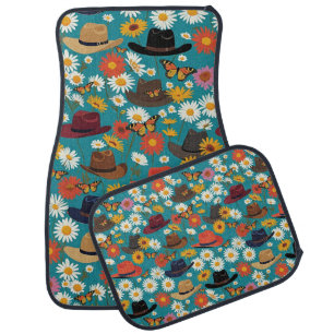 Cowboy Hats Daisies And Monarch Butterflies Teal Car Floor Mat
