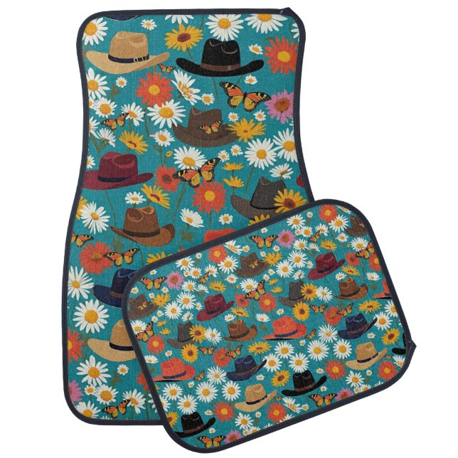 Cowboy Hats Daisies And Monarch Butterflies Teal Car Floor Mat (Set)