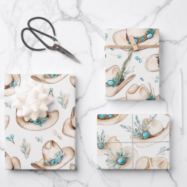 Cowboy Hats Western Turquoise Jewelry Wrapping Paper Sheets (Front)