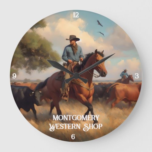 Cowboy Herding Cattle on Horseback Large Clock