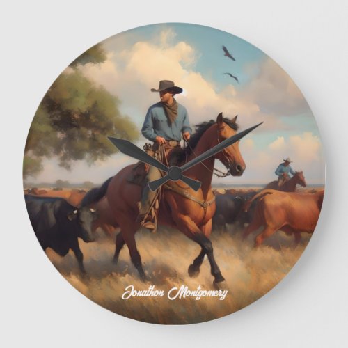 Cowboy Herding Cattle on Horseback Large Clock