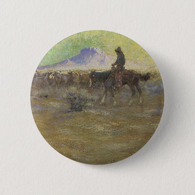 Cowboy Herding Cattle on the Range by Lon Megargee Button (Front)