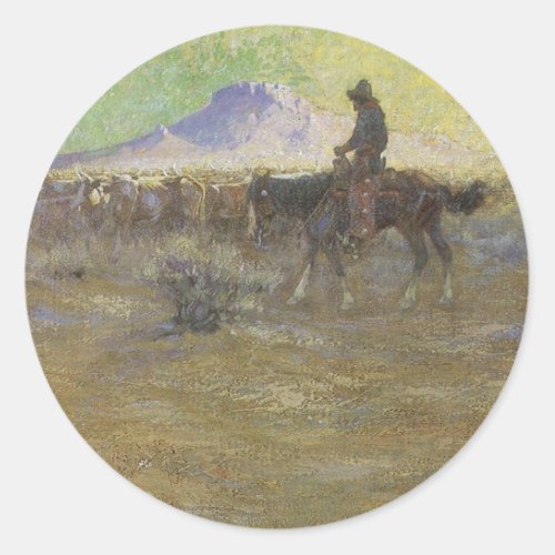 Cowboy Herding Cattle on the Range by Lon Megargee Classic Round Sticker