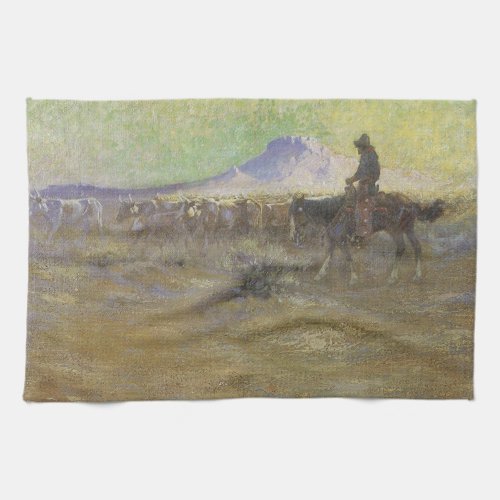 Cowboy Herding Cattle on the Range by Lon Megargee Kitchen Towel