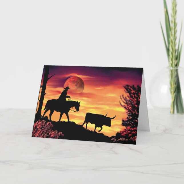 Cowboy Herding Longhorn Steer Card (Front)
