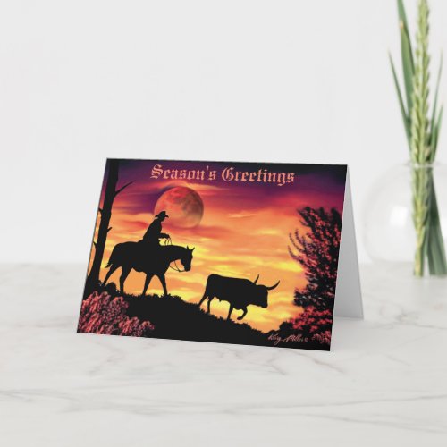 Cowboy Herding Longhorn Steer Card