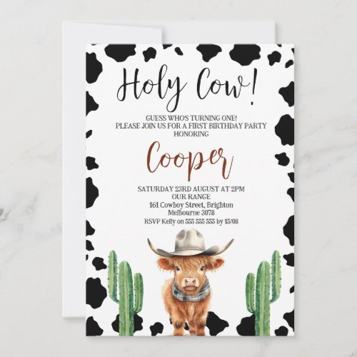 Cowboy Highland Cow Holy Cow 1st Birthday Invitation