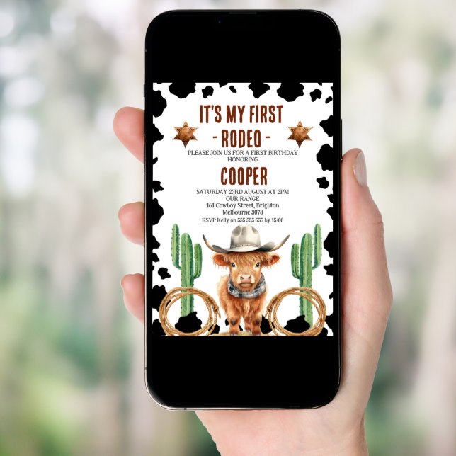 Cowboy Highland Cow My First Rodeo 1st Birthday Invitation (Front Digital)