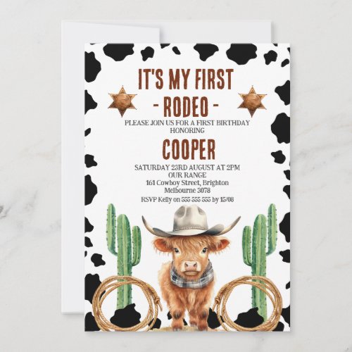 Cowboy Highland Cow My First Rodeo 1st Birthday Invitation