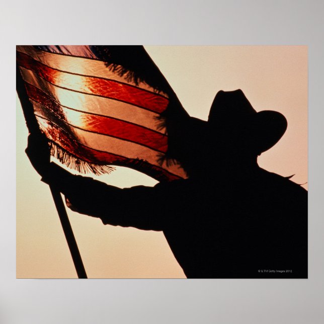 Cowboy holding Stars and Stripes, silhouette, Poster (Front)