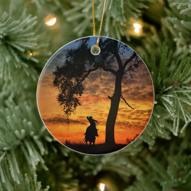Cowboy Horse and Oak Tree Steer Roping Ceramic Ornament (Tree)