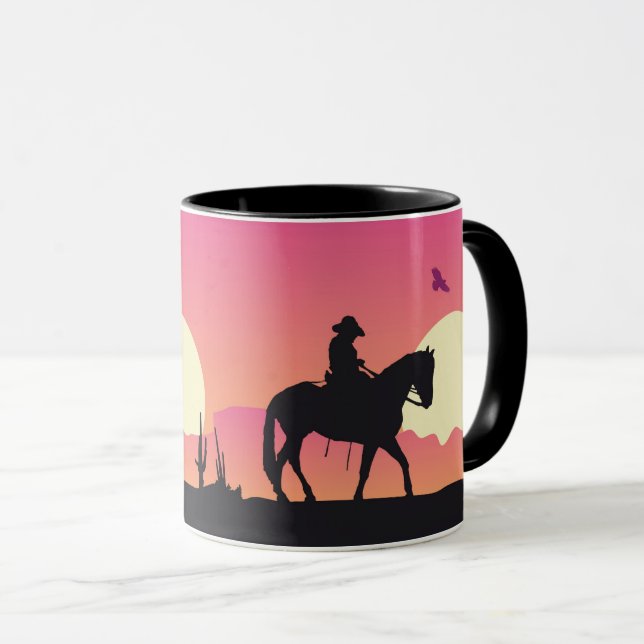 Cowboy, Horse, and Pink Sunset Desert Mug (Front Right)