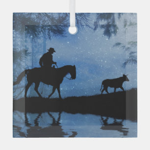 Cowboy Horse and Steer Christmas Country Western Glass Ornament