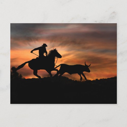 Cowboy Horse and Steer Southwestern Sunset Rodeo Postcard