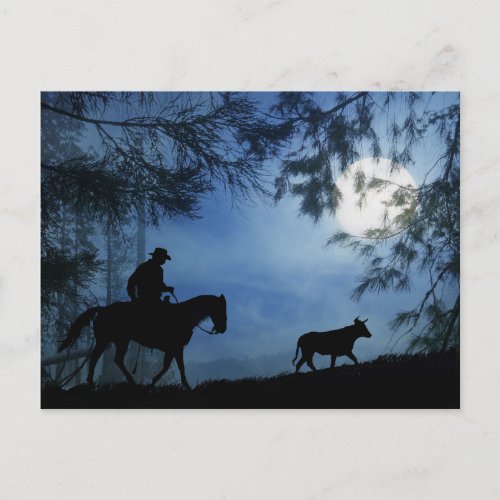 Cowboy Horse and Steer with Full Moon Winter Postcard