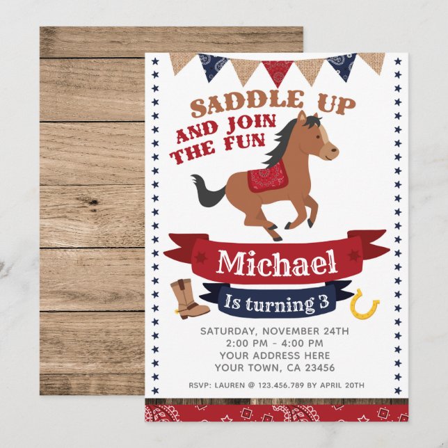 Cowboy, Horse Birthday Invitation (Front/Back)
