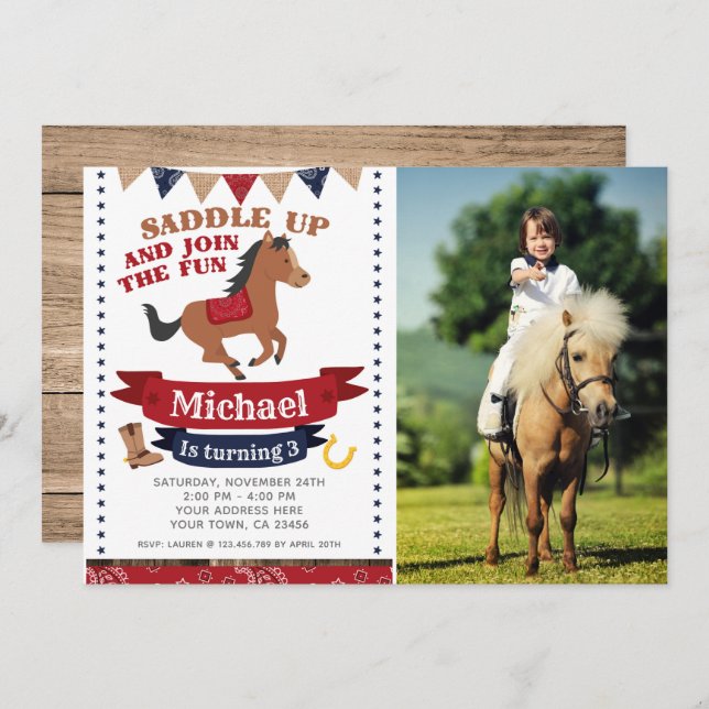 Cowboy, Horse Birthday Invitation with Photo (Front/Back)