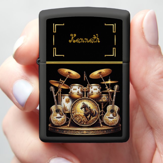 Cowboy Horse Engraving on Vibrant Drum Set Zippo Lighter (In Hand)