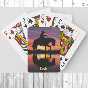 Cowboy Horse in a Texas Sunset Personalize Name  Playing Cards