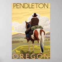 Cowboy & Horse - Pendleton, Oregon Poster