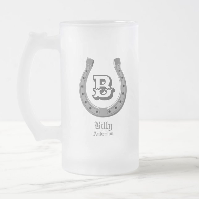 Cowboy Horse Shoe Personalized Monogram Frosted Glass Beer Mug (Left)