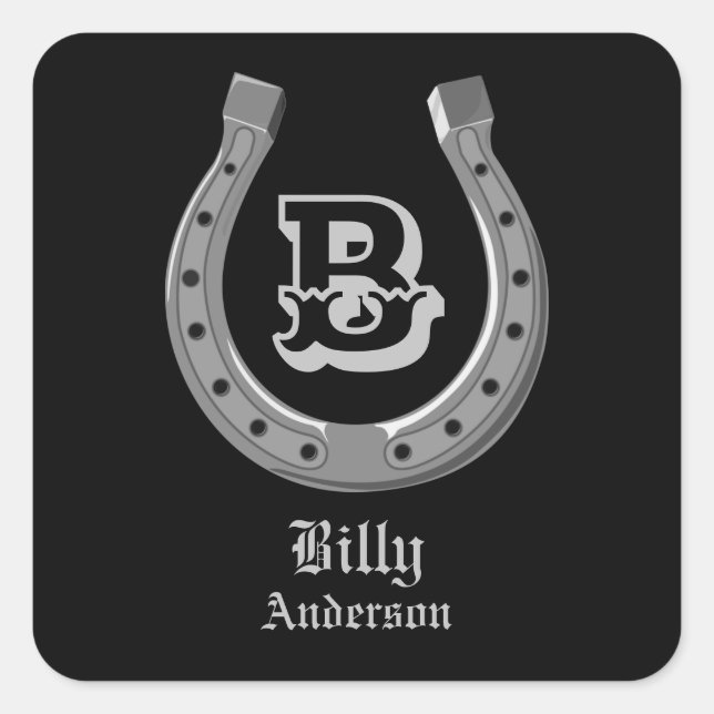 Cowboy Horse Shoe Personalized Monogram Square Sticker (Front)