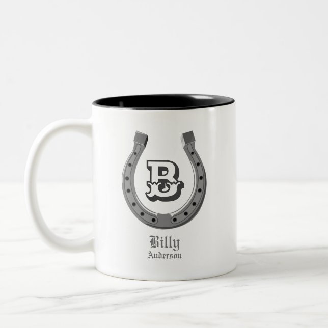 Cowboy Horse Shoe Personalized Monogram Two-Tone Coffee Mug (Left)
