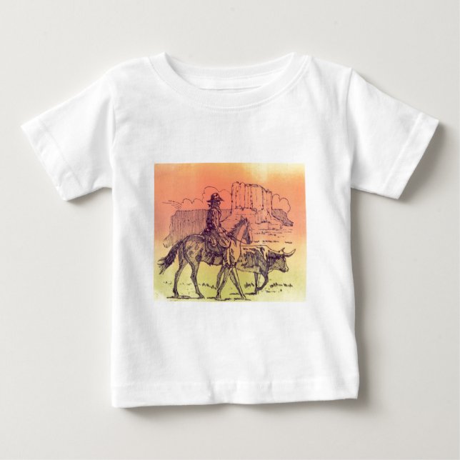 Cowboy Horse Steer Cattle Cow Western Sunset Art Baby T-Shirt (Front)