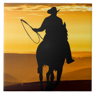 Cowboy Horse Sunset Silhouette Ceramic Tile