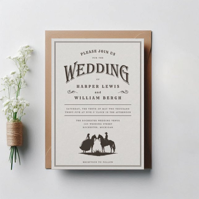 Cowboy horseback wedding Invitation (Western wedding invitation with a silhuette of a bride and groom on horsebacks!)