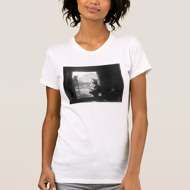 Cowboy in a doorway with horses T-Shirt (Front)