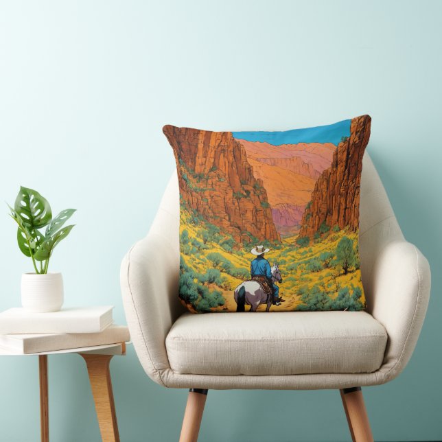 Cowboy in Copper Canyon | Tintin Style Art" Throw Pillow (Chair)