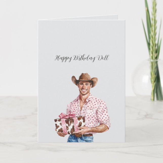 Cowboy in Hat with gift Birthday Card (Front)