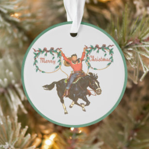 Cowboy Kid On Horse With Ropes Christmas Design Ornament