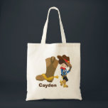 Cowboy Kid Personalized Boys Rodeo Wild West Tote Bag<br><div class="desc">A cute customized cowboy gift featuring a farm kid leaning against a giant cowboy boot tipping his brown hat with a yellow star. A great country child tote bag personalized with their name.</div>