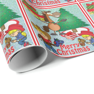 Cowboy Kids And Horse Cartoon Holiday Gift Wrap 2