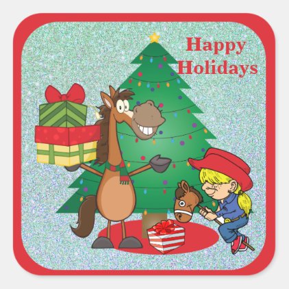 Cowboy Kids And Horse Cartoon Holiday Sticker