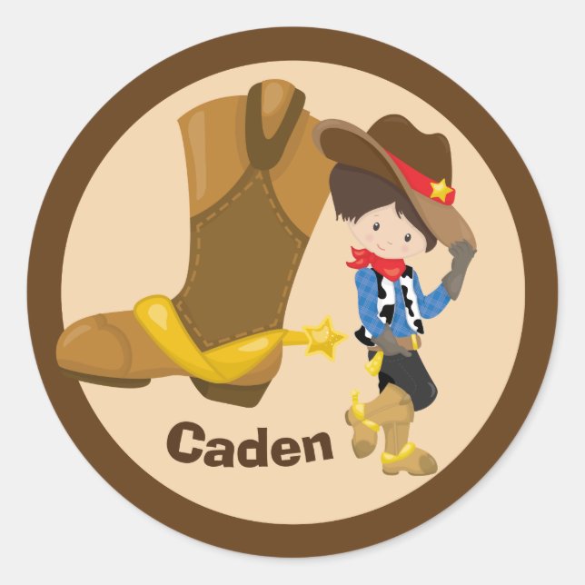 Cowboy Kids Birthday Party Monogram Little Boy Classic Round Sticker (Front)