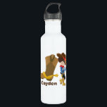 Cowboy Kids Cute Boys Monogram Rodeo Wild West Stainless Steel Water Bottle<br><div class="desc">A cute customized cowboy gift featuring a farm kid leaning against a giant cowboy boot tipping his brown hat with a yellow star. A great country childrens water bottle personalized with their name for a fun rodeo theme birthday party in the wild west.</div>