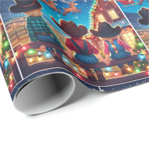 Cowboy Kids On Fence Santa Is Flying Over The Barn Wrapping Paper