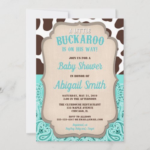 Cowboy little buckaroo teal brown boy baby shower invitation