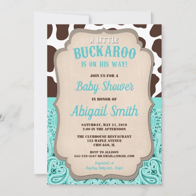 Cowboy little buckaroo teal brown boy baby shower invitation (Front)