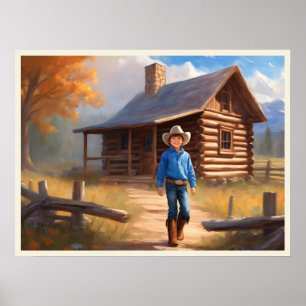 Cowboy Log Cabin Boy's Bedroom Art Poster