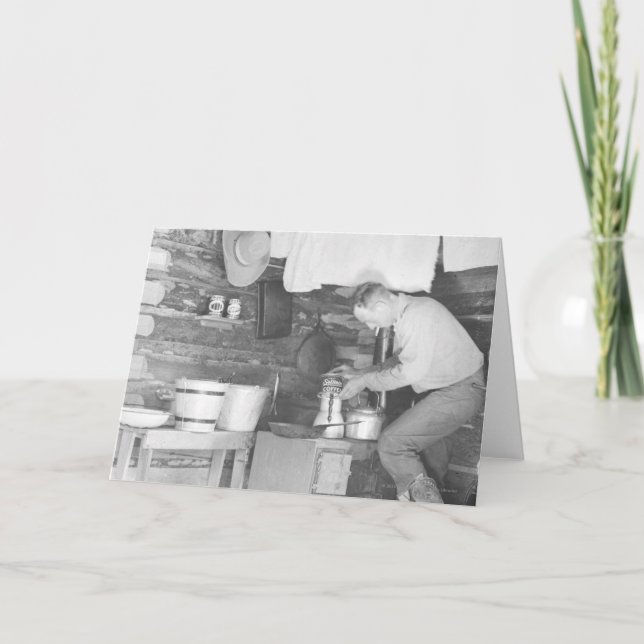 Cowboy making coffee inside the bunkhouse card (Front)