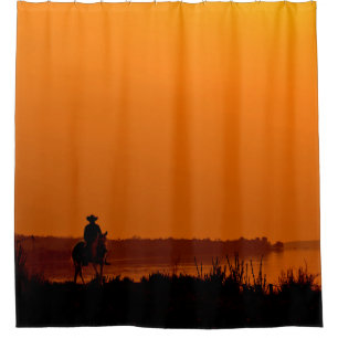 Cowboy Men horse riding at sunset Vintage west Shower Curtain